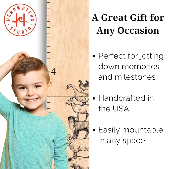 Headwaters Studio Wooden Growth Chart – Kids Height Chart, Wall Measurement for Kids, Height Chart for Wall, Growth Ruler for Children – Farm Animals, Natural - 63" x 6.7"