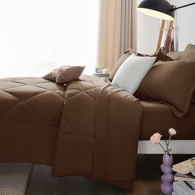 CozyLux King Size Comforter Set Brown - 7 Pieces Bed in a Bag King, Luxury Soft Bed Set for All Seasons, Bedding Set with Down Alternative Comforter, Sheets, Pillowcases & Shams