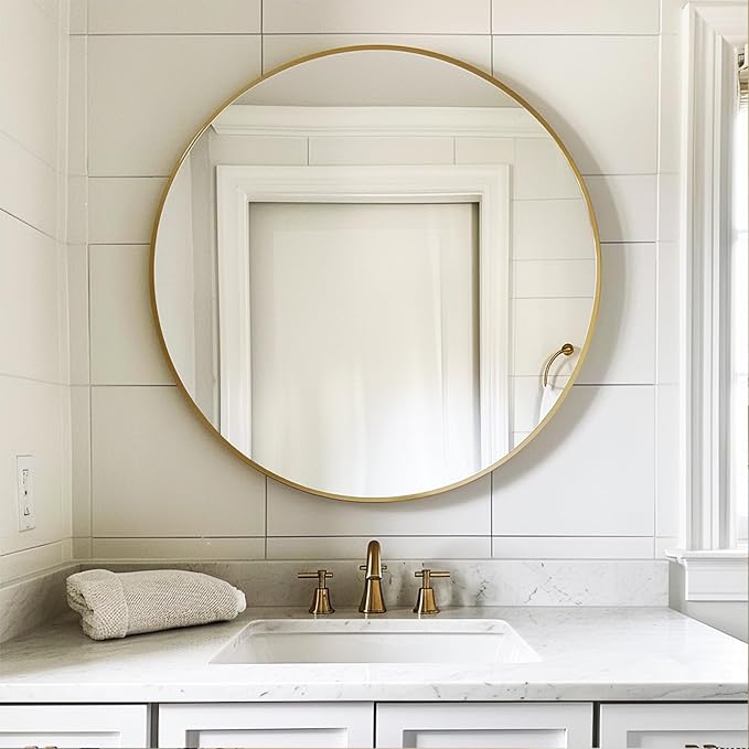Gold Round Mirror, Circle Mirror 26 inch, Gold Circle Mirrors Metal Frame, Round Mirrors for Wall, Living Room, Bathroom, Entryway, Rustic.