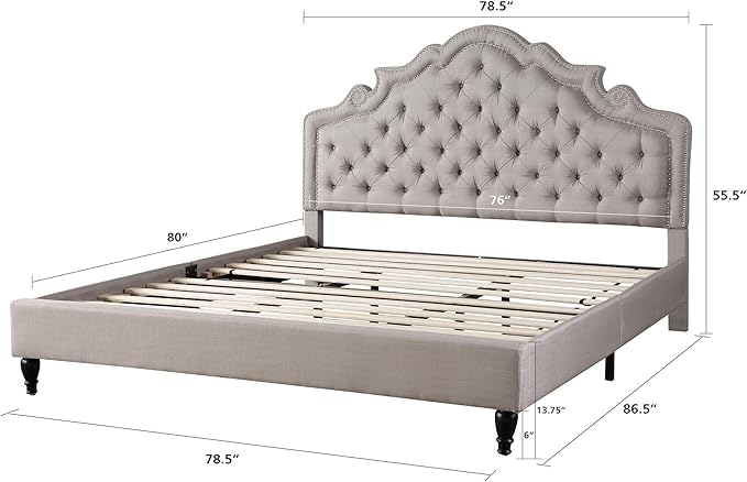 HomeLife Premiere Classics 51" Tall Platform Bed with Cloth Headboard and Slats - Queen (Light Grey Silver)