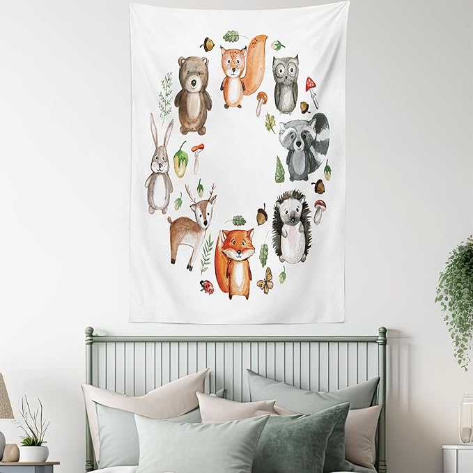 Lunarable Woodland Tapestry, Animals of The Forest Mushrooms Acorns Circular Frame Cartoon Pastel Colors, Wall Hanging for Bedroom Living Room Dorm Decor, 40" X 60", Multicolor