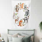 Lunarable Woodland Tapestry, Animals of The Forest Mushrooms Acorns Circular Frame Cartoon Pastel Colors, Wall Hanging for Bedroom Living Room Dorm Decor, 40" X 60", Multicolor