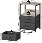 Seventable Nightstand with Charging Station, Bedside Table with LED Lights, Night Stand with 2 Fabric Drawers, 3-Tier Storage End Table for Bedroom, Greige