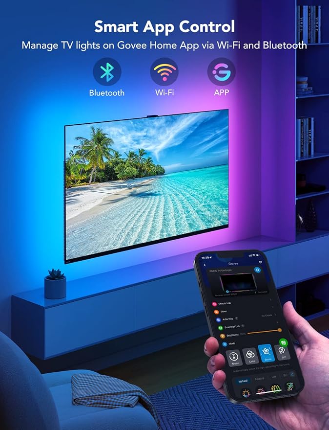 Govee TV LED Backlight,RGBIC Smart LED Strip Lights for 70-80 inch TVs, Bluetooth and Wi-Fi Control, Works with Alexa & Google Assistant, Music Sync, 99+ Scene Modes, Adapter