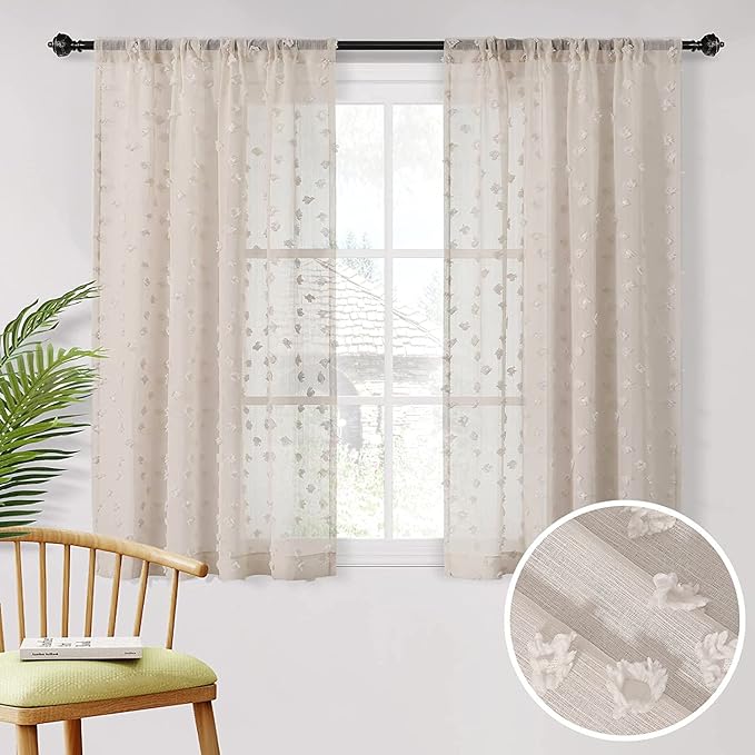 MYSKY HOME Pom Pom Beige Sheer Curtains for Bedroom Girls Room Curtains 63 inch Length for Nursery Kids Light Filtering Boho Window Drapes, Rod Pocket, 38" Wide, 2 Panels