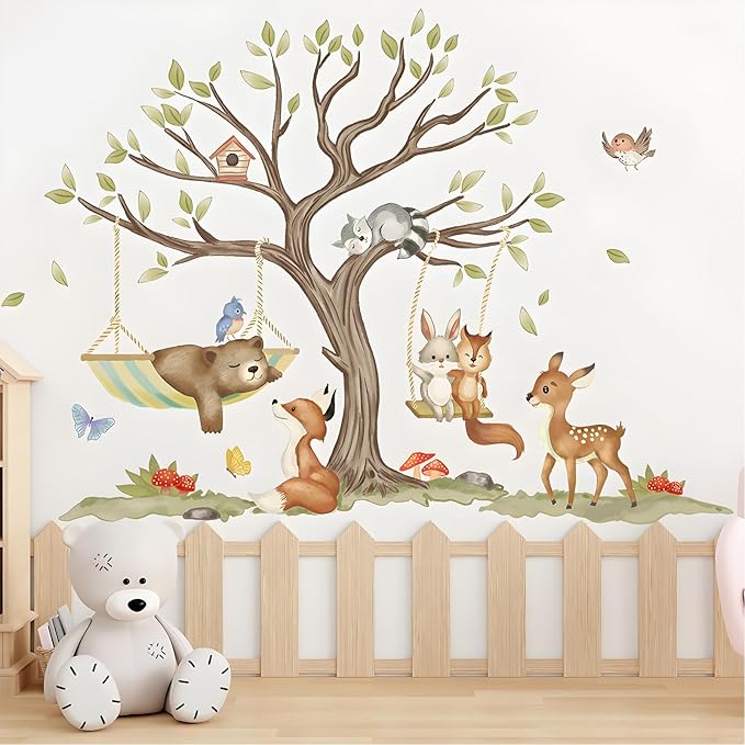 Jungle Animal Wall Stickers Big Tree Fox Sika Deer Safari Wall Decals Kid Room Nursery Baby Bedroom Décor