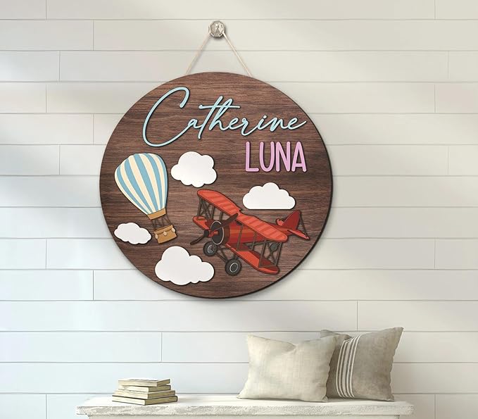 Custom Vintage Airplane Kid Name Sign, Personalized 3D Wooden Nursery Sign, Door Hanger Kids Room, Kids Name Sign Gifts for Baby Boy Girls, Baby Room Door Signs, Kids Bedroom Decor