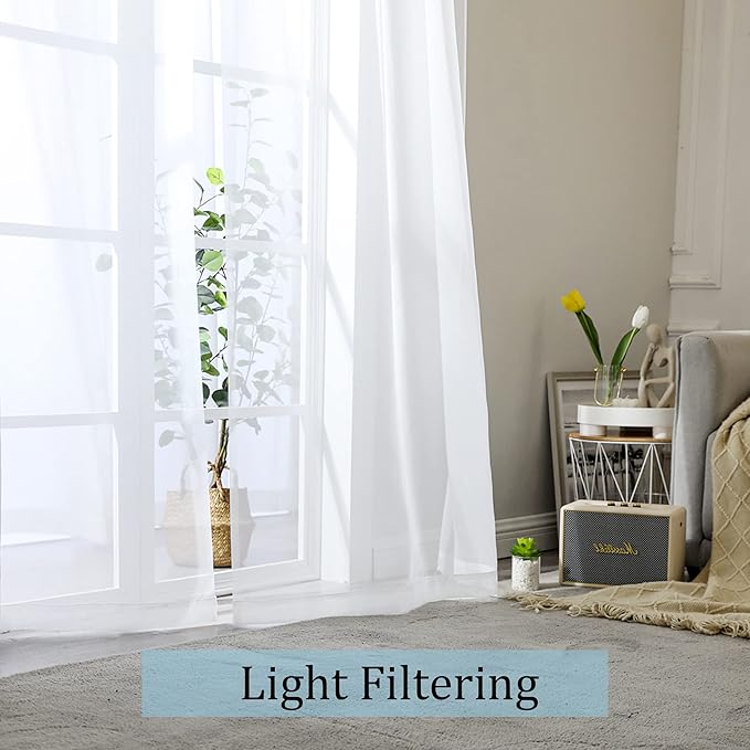 OWENIE White Sheer Curtain 90 Inches Long 2 Panels Set, Solid Filmy Drapes for Living Room Bedroom, Elegant Window Voile Sheer Curtain Panels Drapes, 2 Pcs, Each 59W x 90L Inch