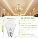 hansang E26 Ceiling Fan Light Bulbs, 4000K Natural Daylight, 60 Watts Equivalent, A15 LED Small Light Bulb, E26 Standard Base Refrigerator Light Bulb, 600lm, 120V, CRI85+, 120V, Non-Dimmable 6 Pack