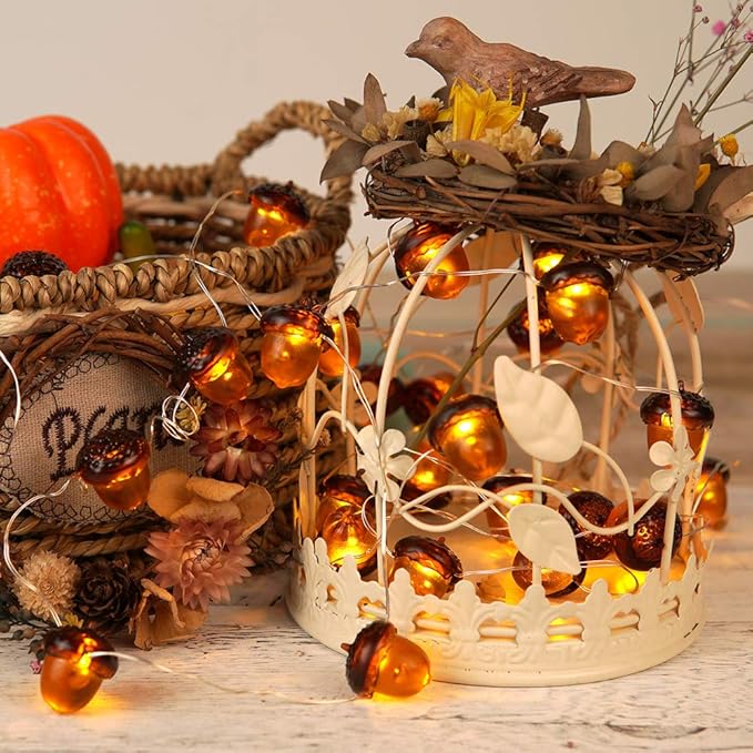 BOHON 3D Acorn Fall Decor Harvest String Lights Battery Powered with Remote and Timer 10ft 30 LEDs Thanksgiving Decorations for Christmas Party Autumn Tree Ornaments