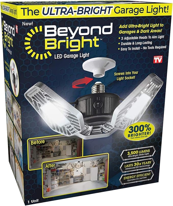 Ontel Beyond Bright LED Garage Light - Ultra-Bright, White Light that is Energy Efficient, Durable, Long-Lasting and Easy to Install (Pack of 2)
