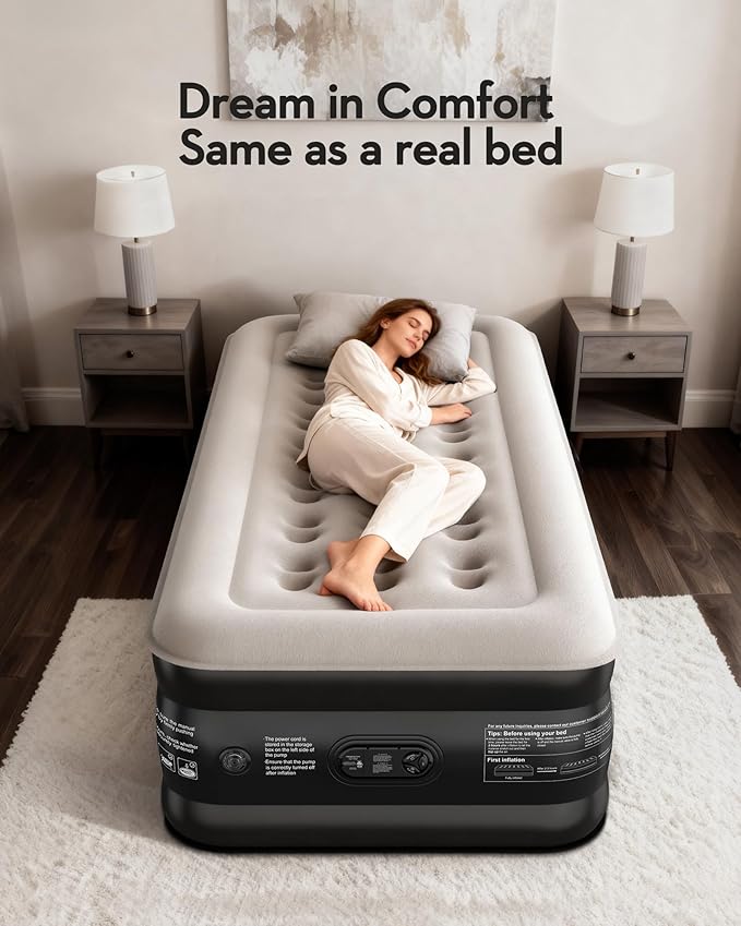 OhGeni 20" Twin Air Mattress with Built in Pump, Portable Blow up Mattress, 72Hr Leak-Proof Test Airbed for Guests & Home, Ideal for Single Person, Better to Get up, 300LBS