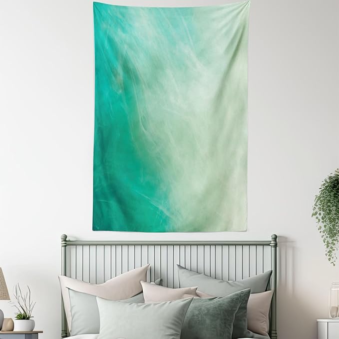 Lunarable Aqua Tapestry Twin Size, Watercolor Effect Wave Pattern Abstract Underwater Illustration Calming Artwork, Wall Hanging Bedspread Bed Cover Wall Decor, Twin Size, White Mint