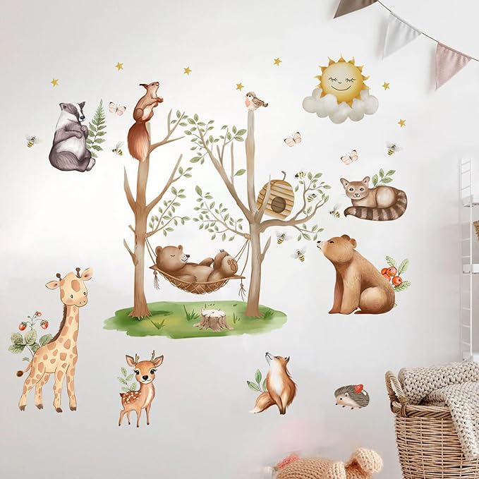 Jungle Animal Wall Stickers Forest Safari Wall Decals Kid Room Nursery Baby Bedroom Décor (Bear Swing)