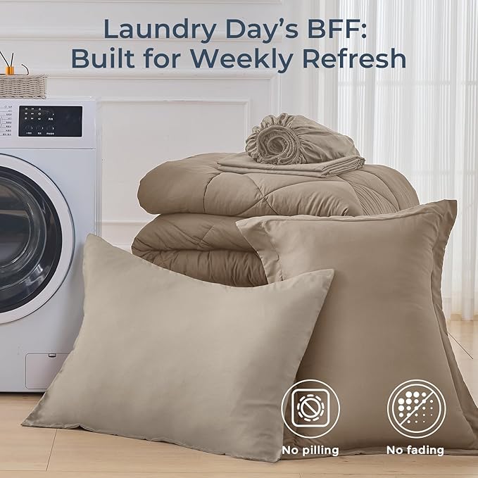 HEVUMYI Khaki & Linen Twin Comforter Set - 5-Piece All Season Bed in a Bag Twin, Ultra Soft Bedding Set with Comforter, Flat Sheet, Fitted Sheet, Pillowcases, Pillow Shams