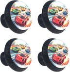 Race Cars with Colorful Racing Track Pattern Kitchen Cabinet Knobs, Decorative Dresser Knobs with Screws Pulls Handles Hardware Drawer Knobs for Home Furniture, 4 Pack