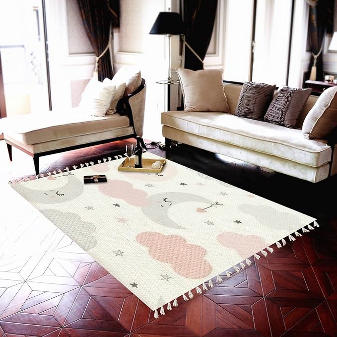 Rug Cute Sky Smiling Sleeping Moon Hearts Stars Clouds Scandinavian Chic Area Rug Washable Hallway Runner Rug Minimalist Home Decor for Living Room Bedroom Nursery Playroom Classroom