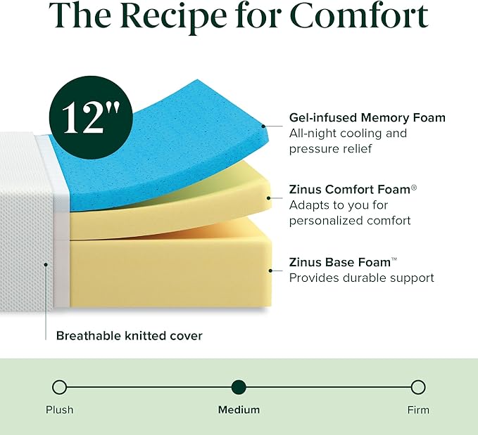 ZINUS 12 Inch Green Tea Cooling Memory Foam Mattress [New Version], Full, Fiberglass Free, Medium Firmness, Cooling Gel Foam, Certified Safe Foams & Fabric, Mattress in A Box