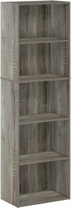 Furinno LUDER Book Shelf, 5-Tier Bookshelf, Bookcase, 9.4" x 15.8" x 52", for Living Room, Bedroom, Home Office, French Oak