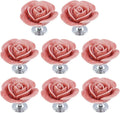 8PCS 1.57" × 1.3" Ceramics Peach Rose with Base Knobs Flower Shaped Pulls for Cupboard Drawer with 2 Kinds of Screws