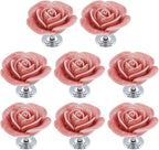 8PCS 1.57" × 1.3" Ceramics Peach Rose with Base Knobs Flower Shaped Pulls for Cupboard Drawer with 2 Kinds of Screws