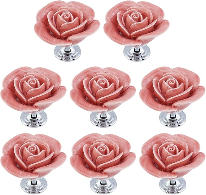 8PCS 1.57" × 1.3" Ceramics Peach Rose with Base Knobs Flower Shaped Pulls for Cupboard Drawer with 2 Kinds of Screws