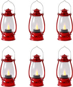 Red Mini Lanterns(12 Pcs-5.1in) with Flickering LED Candle Lights, Vintage Small Western Lanterns for Table Centerpiece, Indoor & Outdoor Christmas Tree Ornaments, Camping Party Decorations