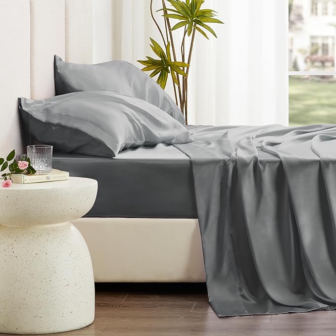 Love's cabin Satin King Sheet Sets - 4 Piece Dark Grey Silky Sheets King Size Bed Set with Deep Pocket, Luxury Silk Feel King Size Satin Sheet Set (1 Flat Sheet,1 Fitted Sheet,2 Pillow Cases)