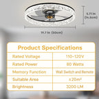 20'' Ceiling Fan with Light, Upgraded Low Profile Fan, Flush Mount Ceiling Fan, 6 Speeds, Dimmable LED, App & Remote Control, Quiet DC Motor, for Bedroom, Living Room, F098 Black