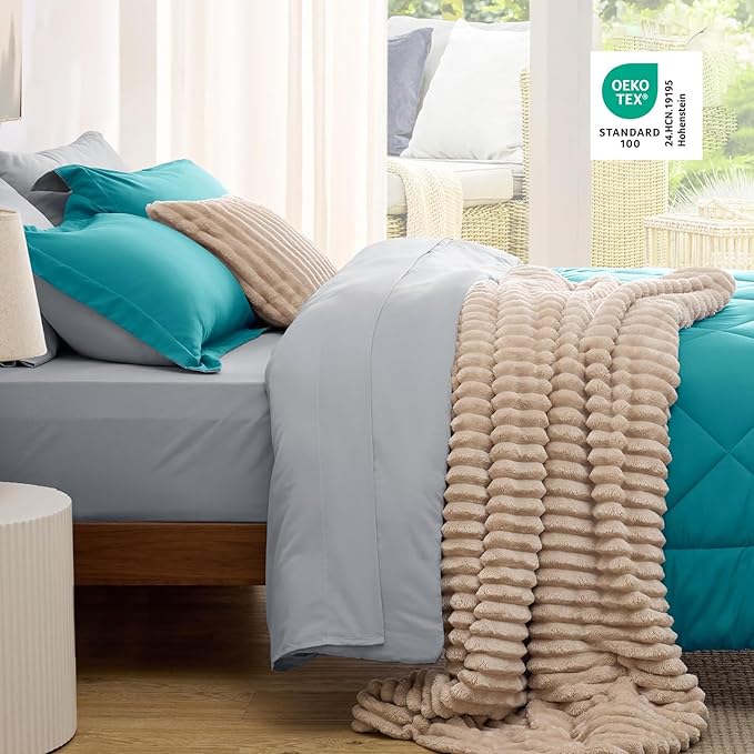 Bedsure Full Size Comforter Set - 7 Pieces Reversible Teal Bedding, Full Size Bed Set for All Seasons, Bed in a Bag with Down Alternative Comforter, Sheets, Pillowcases & Shams