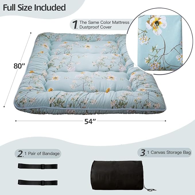MAXYOYO Rustic Floral Korean Floor Mattress Japanese Futon Mattress, Foldable Bed Roll Up Camping Mattress Floor Lounger Bed Couches and Sofas Mattress Topper, Full