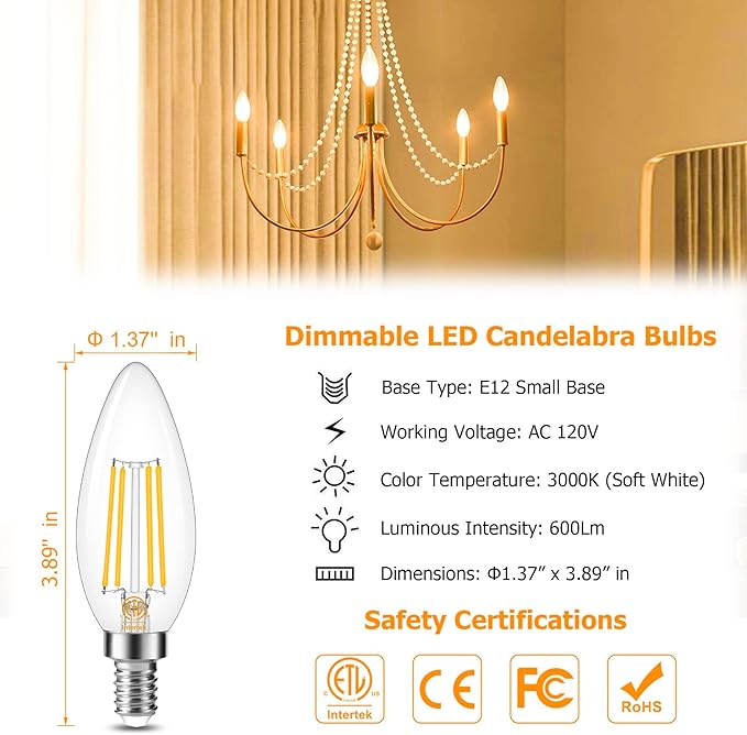 Cotanic E12 Base 3000K LED Light Bulbs Dimmable, Soft White Candelabra LED Bulbs 60W Equivalent, Candle Shape Type B Light Bulbs for Chandelier, Decorative LED Filament Clear Glass, 600LM, 6 Pack