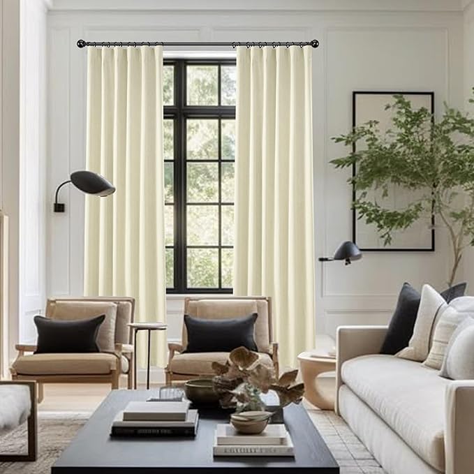 KangBang Cream Blackout Linen Blend Curtains 2 Panels,72 Wide Back Tab Rod Pocket Look Window Drapes for Living Room, Room Darkening Thick Linen Drapery Panels for Sliding Patio Door,72Wx96L