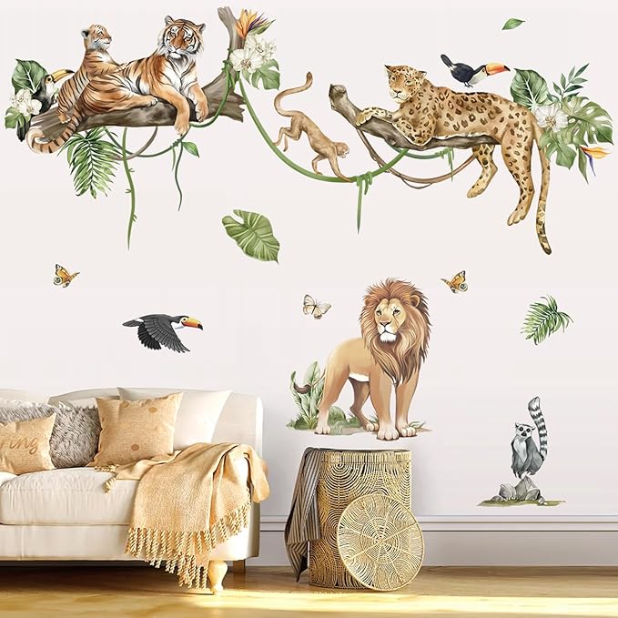 decalmile Large Jungle Animals Tree Branch Wall Stickers Safari Lion Leopard Tiger Wall Decals Baby Nursery Kids Room Playroom Wall Decor (XL)