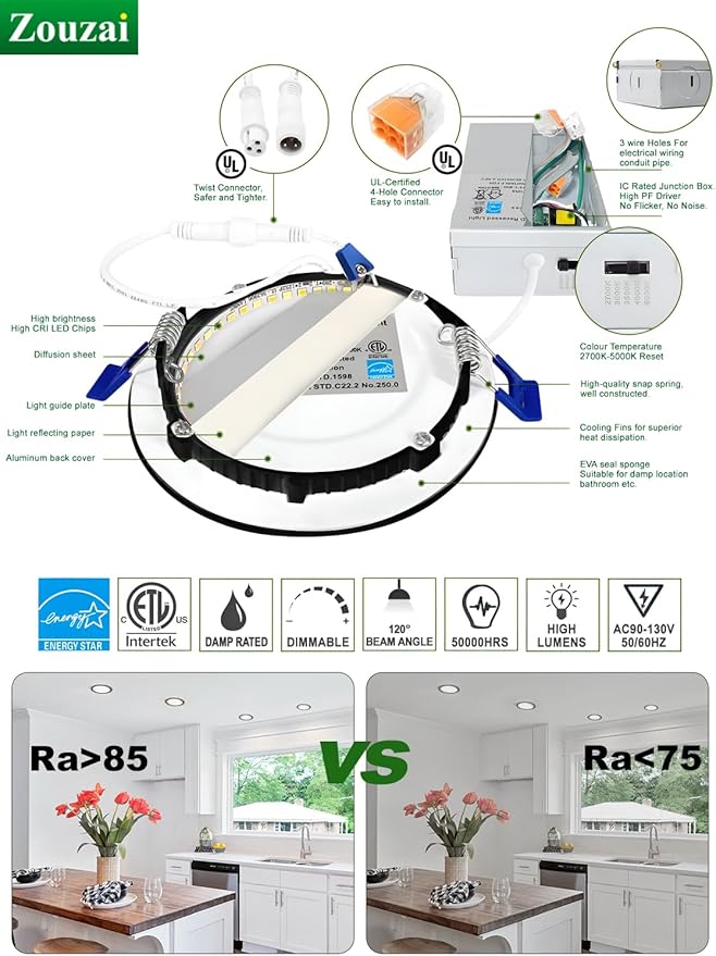 zouzai 12 Pack 6 Inch Black 5CCT Reset LED Recessed Ceiling Light with Junction Box, 2700K/3000K/3500K/4000K/5000K Selectable, 12W Eqv 110W,Dimmable, led can Lights- ETL and Energy Star Certified