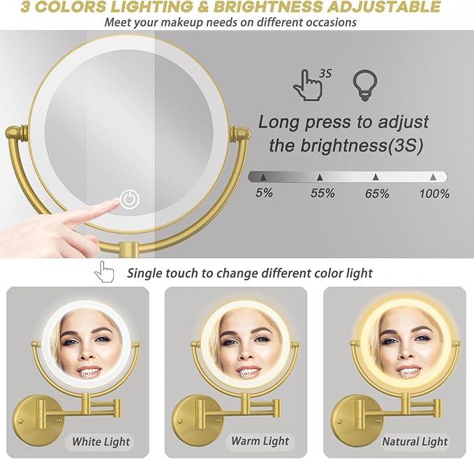 Gold Wall Mounted Makeup Mirror with Light and Magnification 10X, 2 Sided with 3 Color Led Dimmable, 360 Swivel Extension Shaving for Bathroom Hard Wired
