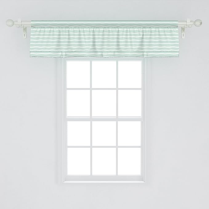 Ambesonne Pastel Window Valance Pack of 2, Horizontal Wavy Lines White Striped Abstract Soft Toned Nautical Art Display, Rod Pocket Curtain Valances for Kitchen Bedroom, 42" X 12", Almond Green White