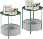 VECELO Round Side/End Table with Fabric Storage Basket，Metal Anti-Rust and Waterproof Small Bedside Nightstand with Removable Tray Top for Living Room，Balcony & Laundry，Dark Green /2pcs with Basket