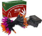 KOUQIYA Battery Halloween Lights, 2 Pack Total 100 LED 17ft Mini String Light with Auto-Timer 8 Modes Waterproof Tree Lights (Orange&Purple, 50 LEDs x 2 Pack)