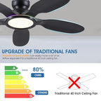 Ceiling Fans with Lights and Remote/APP Control, 52 inch Low Profile Ceiling Fans with Dimmable White + RGB Ring Lights, 6 Speeds 5 Curved Blades for Kids Room Bedroom Bar, Black