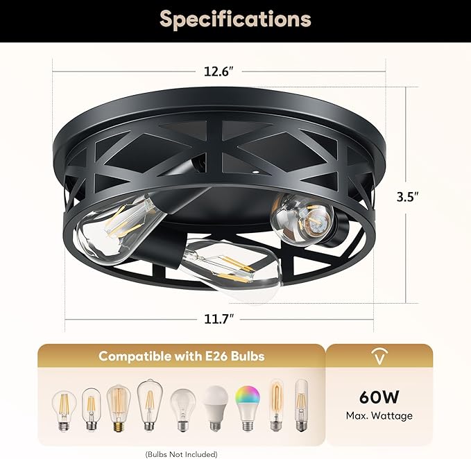 VONLUCE Flush Mount Ceiling Lights, 4-Light Hallway Ceiling Lighting Fixtures, 15 inch Farmhouse Metal Cage Ceiling Lights for Entryway Kitchen, Adjustable Lamp Holders, 2 pcs, Black