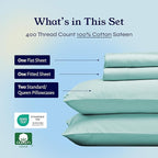 California Design Den Natural 100% Cotton Sheets, Soft Queen Sheet Set, 400 Thread Count Sateen, Deep Pockets with All-Around Elastic for a Snug Fit, Cool & Durable Bedding Set - Seafoam