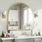 VooBang Wide Arched Wall Mirror, 31 x 32 inch Arch Bathroom Mirror, Wall Mounted Vanity Mirror with Arch Metal Frame, Modern Bathroom Vanity Mirror for Bedroom, Living Room, Hanging or Leaning, Gold