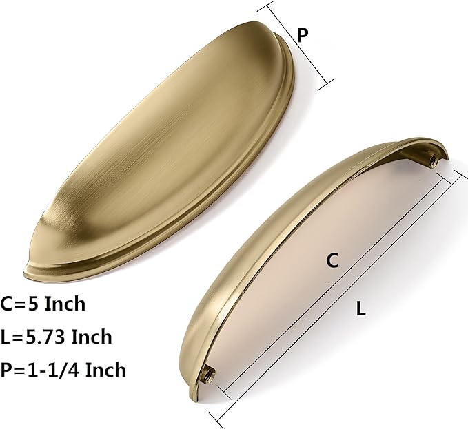 khtumeware 10 Pack 5" Gold Drawer Pulls Brushed Brass Cabinet Cup Pulls Kitchen Hardware Cabinet Handles Drawer Handles Knobs 5 inch Hole Center