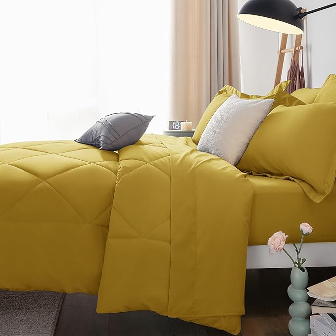 CozyLux Full Size Comforter Sets Mustard Yellow - 7 Pieces Bed in a Bag Full, Luxury Soft Bed Set for All Seasons, Bedding Set with Down Alternative Comforter, Sheets, Pillowcases & Shams