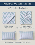 LANE LINEN 100% Organic Cotton Sheets Queen, 15" Deep Pocket Queen Sheets Fits Upto 15" Mattress, Soft & Comfy Fade Resistant Printed Sheet Set - Cool Blue Chevron