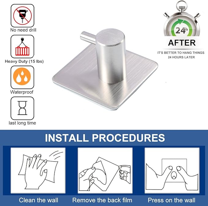 Adhesive Towel Hooks Heavy Duty Wall Hooks Waterproof Stainless Steel Hanger for Hanging Coat, Hat, Towel Robe Hook Rack Wall Mount- Bathroom and Bedroom 4-Packs