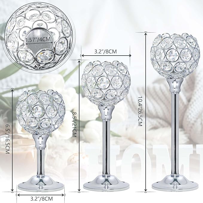 Crystal Metal Tealight Candlestick, Bling Bowl Candelabras, Tall Crystal Votive Candle Holders Elegant Crystal Candle Centerpiece for Dining Table Wedding Decor (Set of 3, Silver)