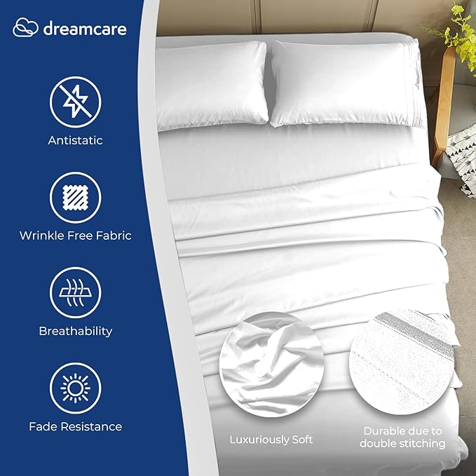 DREAMCARE California King Sheet Sets – 4 pcs Cooling Sheets – up to 21” Deep Cal King Sheets – Hotel Luxury Sheets & Pillowcases – Superior Softness 100% Fine Microfiber with Side Pocket – White