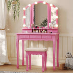 Tiptiper Vanity Desk with Tri-Fold Mirror and Lights, Makeup Vanity with Wood Upholstered Stool, Makeup Desk with 5 Drawers & 8 Jewelry Hooks, Small Vanity, Pink